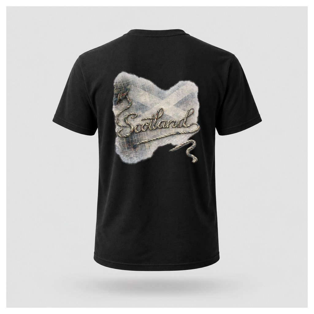 Male Back
Black Scottish Yarn t-shirt floating over a calm Highland loch, displaying the detailed back artwork celebrating Scotland and its stories by RIOTTEES.