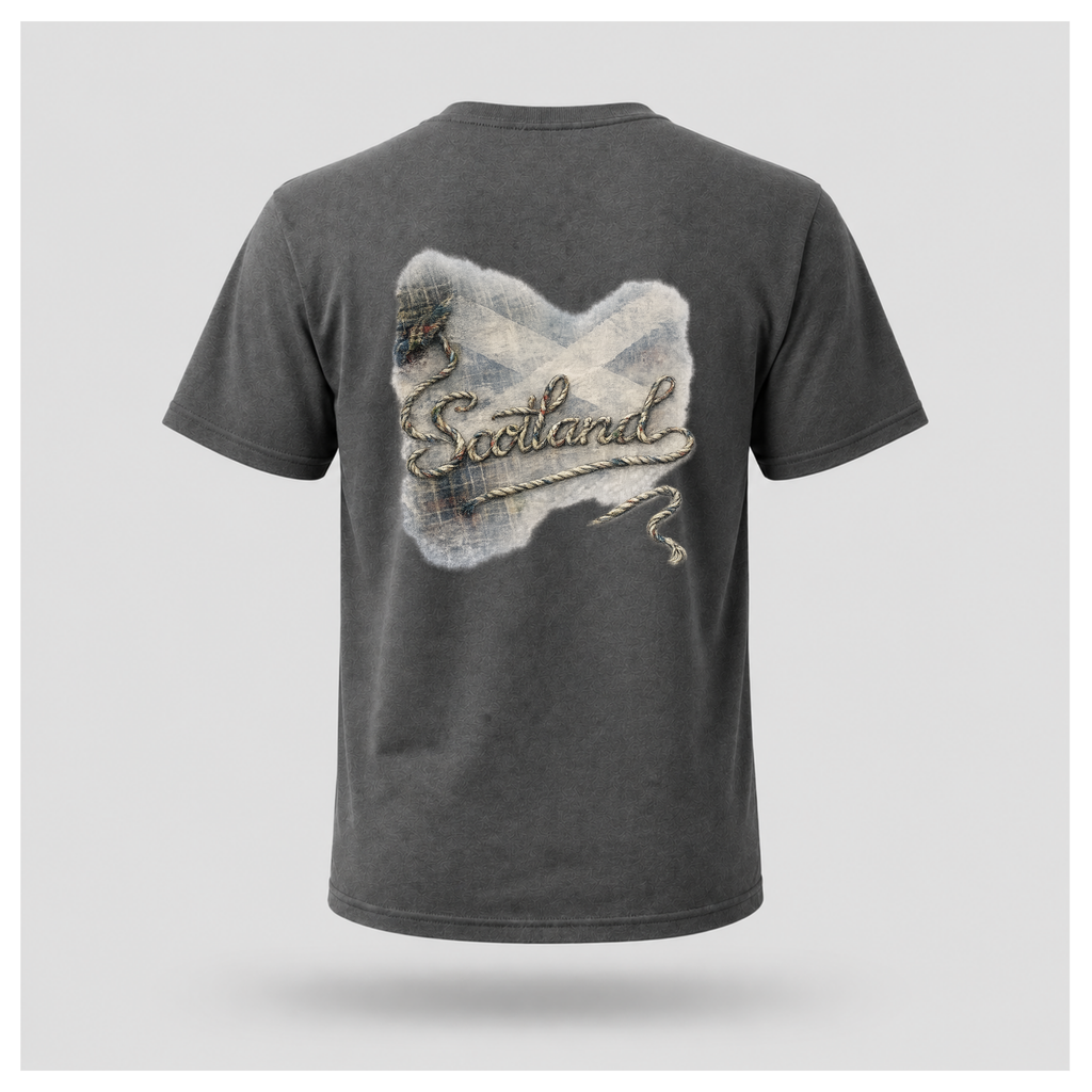 Male Back
Charcoal grey Scottish Yarn t-shirt floating above a peaceful Scottish loch, featuring the back design with tartan, Saltire and woven Scotland artwork by RIOTTEES