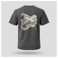 Male Back
Charcoal grey Scottish Yarn t-shirt floating above a peaceful Scottish loch, featuring the back design with tartan, Saltire and woven Scotland artwork by RIOTTEES