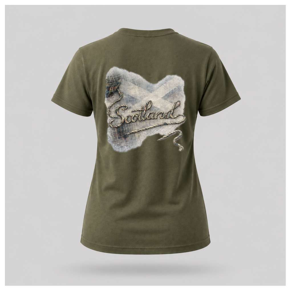 Female Back
Military green Scottish Yarn t-shirt floating above a peaceful Scottish loch, showcasing the women's back design inspired by Scottish heritage by RIOTTEES.