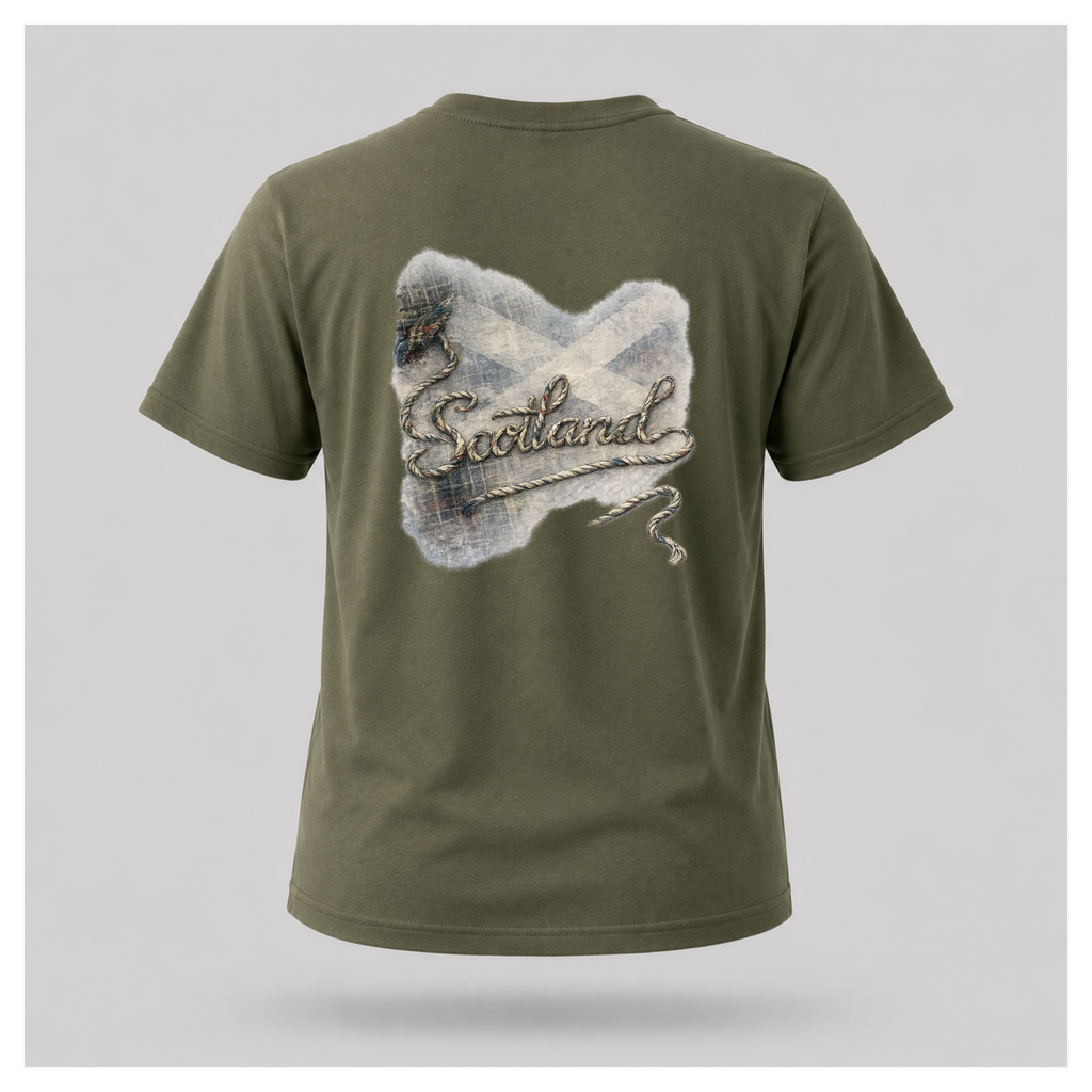 Male Back
Military green Scottish Yarn t-shirt floating over a quiet Highland loch, displaying the back design inspired by Scottish landscapes and storytelling by RIOTTEES.