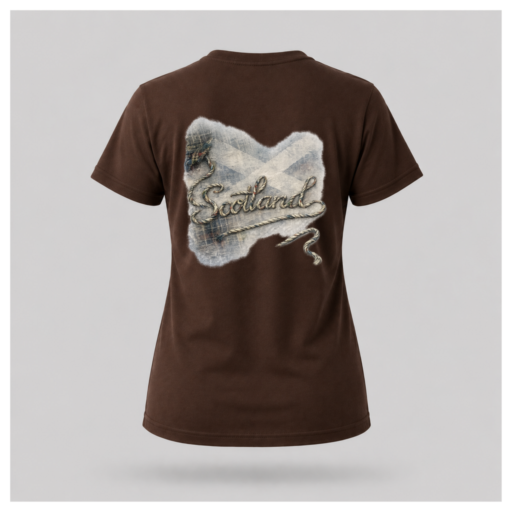 Female Back
Chocolate brown Scottish Yarn t-shirt floating over a tranquil Highland loch, featuring the women's back design with woven Scotland artwork by RIOTTEES.