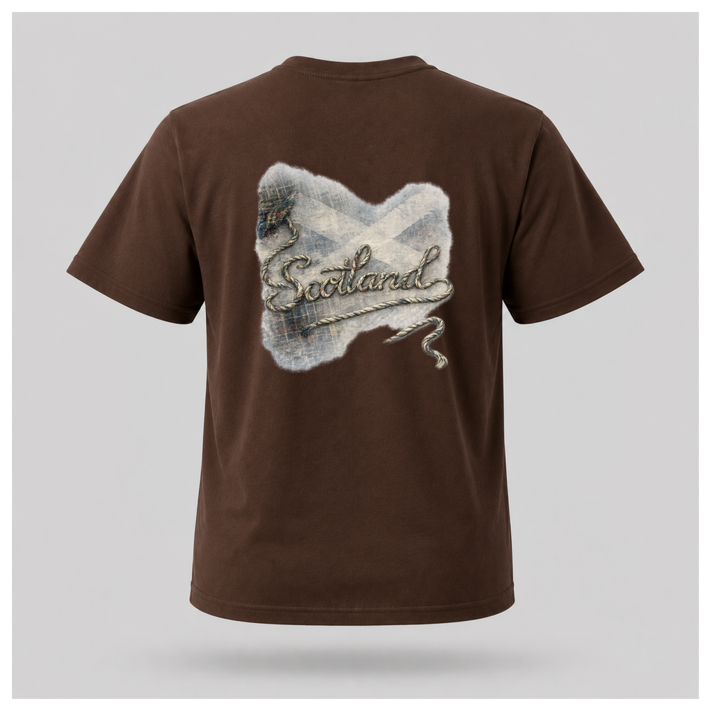 Male Back
Chocolate brown Scottish Yarn t-shirt floating above a Scottish loch, featuring the back design with woven Scotland artwork and tartan details by RIOTTEES.