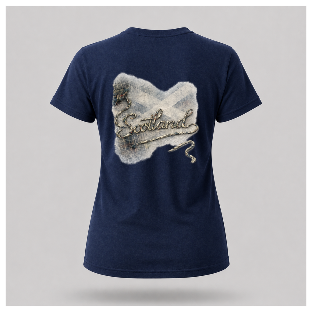 Female Back
Navy blue Scottish Yarn t-shirt floating over a calm Highland loch, showcasing the women's back design inspired by Scotland's storytelling tradition by RIOTTEES.