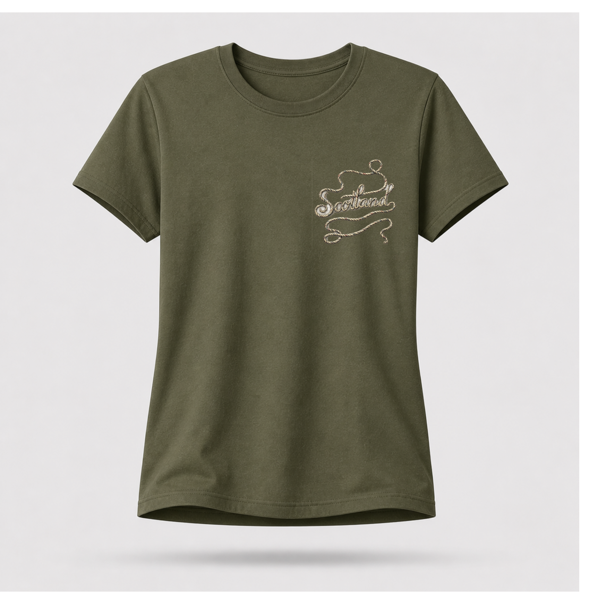 Female Front
Military green Scottish Yarn t-shirt floating above a peaceful Scottish loch, showcasing the women's minimalist front artwork by RIOTTEES.