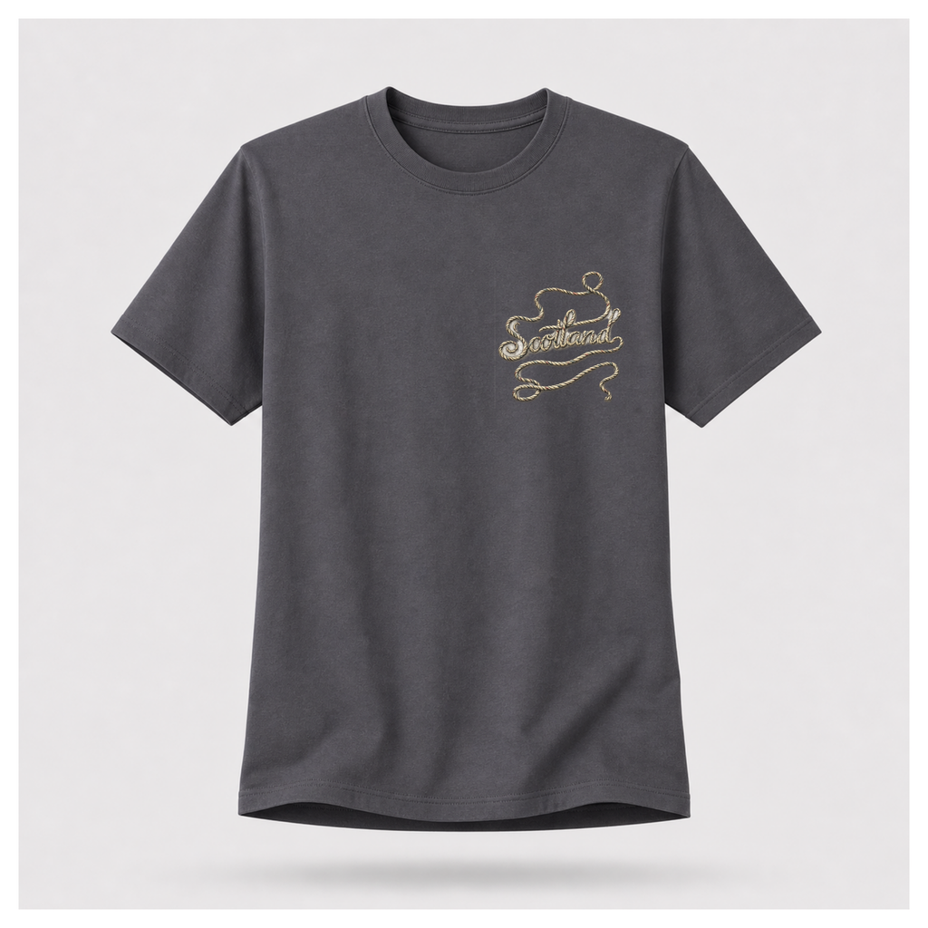 Male Front
Charcoal grey Scottish Yarn t-shirt floating above a tranquil Scottish loch, featuring the minimalist front design inspired by Scottish storytelling by RIOTTEES