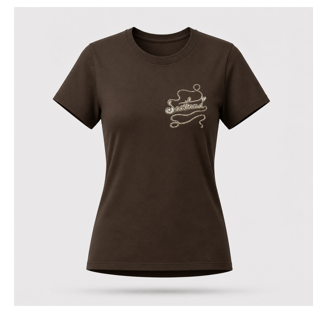 Female Front
Chocolate brown Scottish Yarn t-shirt floating over a tranquil Highland loch, featuring the women's understated front design by RIOTTEES.