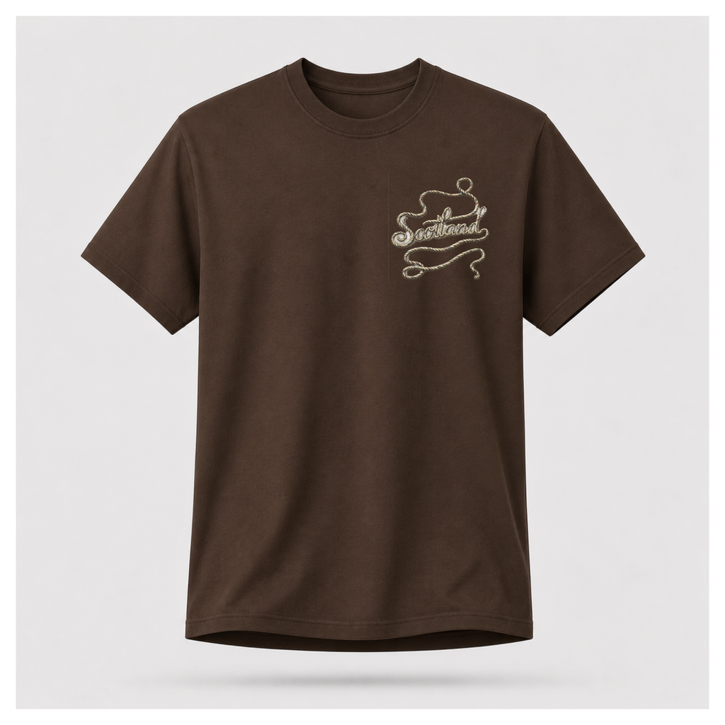 Male Front
Chocolate brown Scottish Yarn t-shirt floating over a Scottish loch, featuring the understated front design from the Scottish Yarn collection by RIOTTEES.