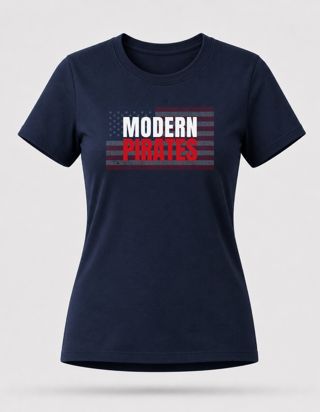 Navy USA Modern Pirates graphic T-shirt by RIOTTEES, female floating tee showing distressed American flag and MODERN PIRATES front design.