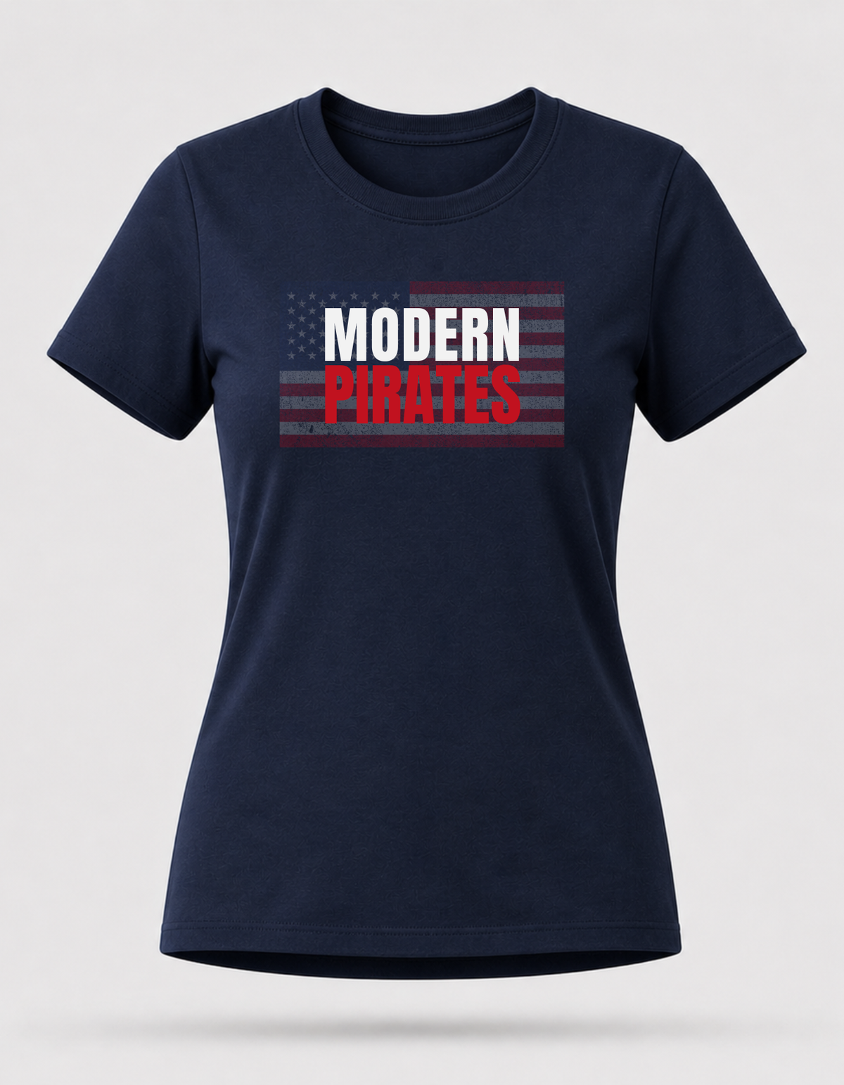 Navy USA Modern Pirates graphic T-shirt by RIOTTEES, female floating tee showing distressed American flag and MODERN PIRATES front design.