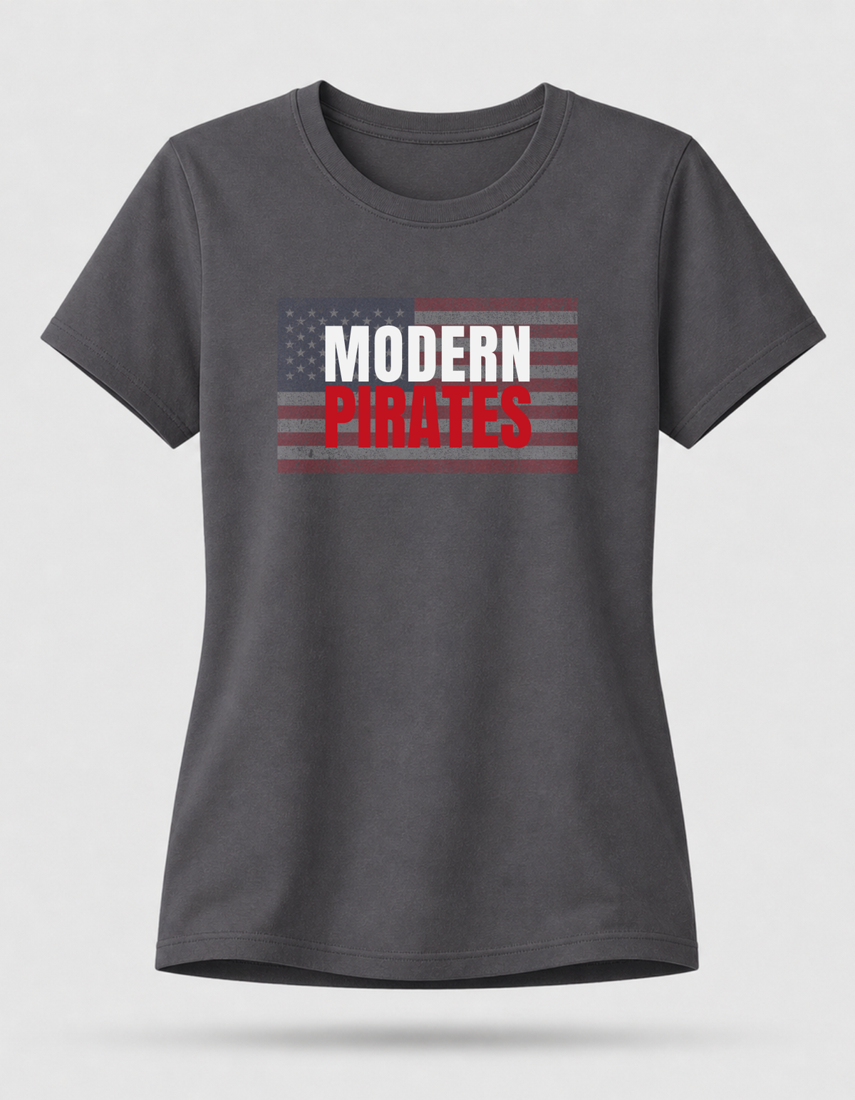 Charcoal USA Modern Pirates graphic T-shirt by RIOTTEES, female floating tee showing distressed American flag and MODERN PIRATES front design.