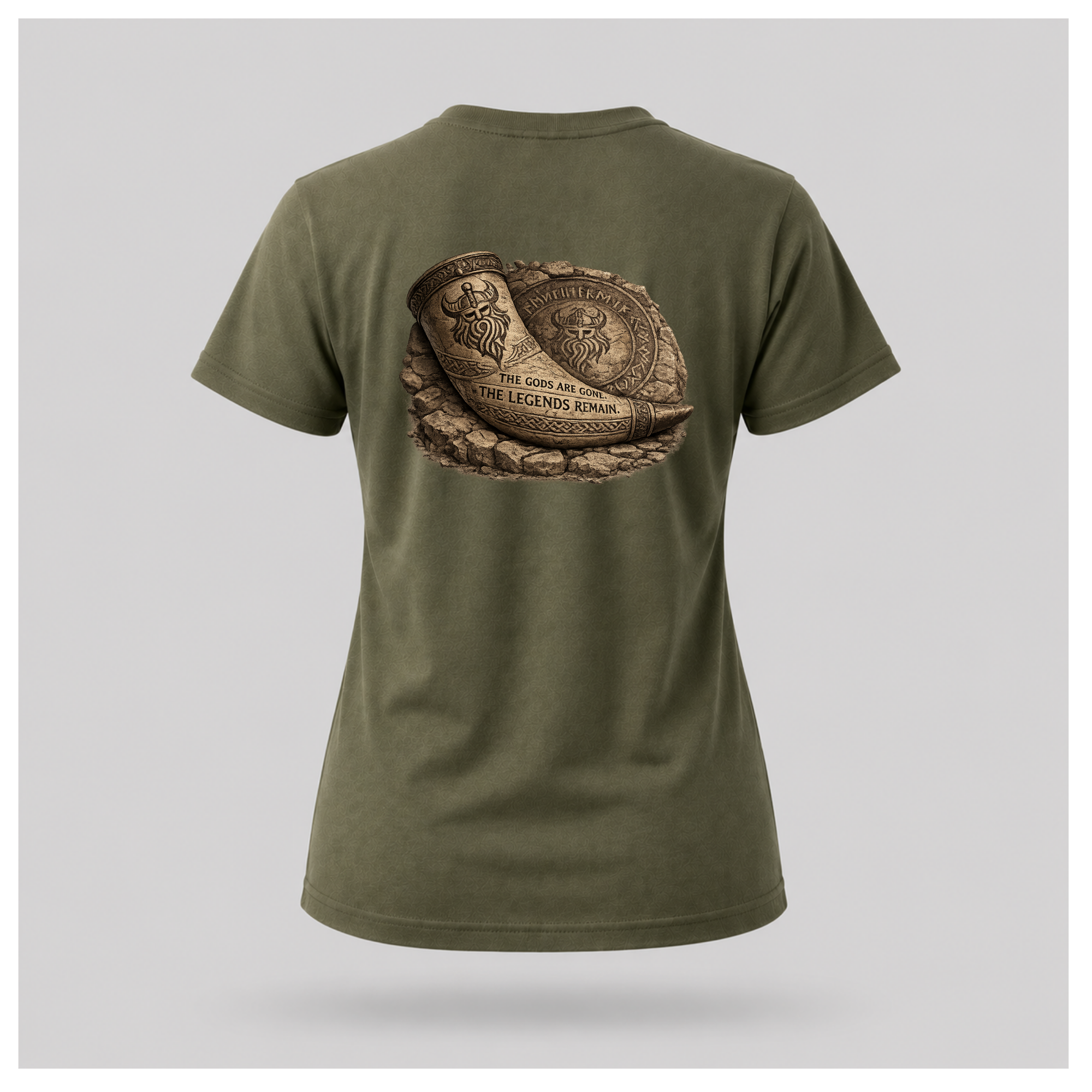 Military Green floating female form wearing the back of the Viking - The Gods Are Gone The Legends Remain T-shirt featuring an ancient Viking drinking horn resting against a carved runestone with the words "THE GODS ARE GONE. THE LEGENDS REMAIN." by RIOTTEES.