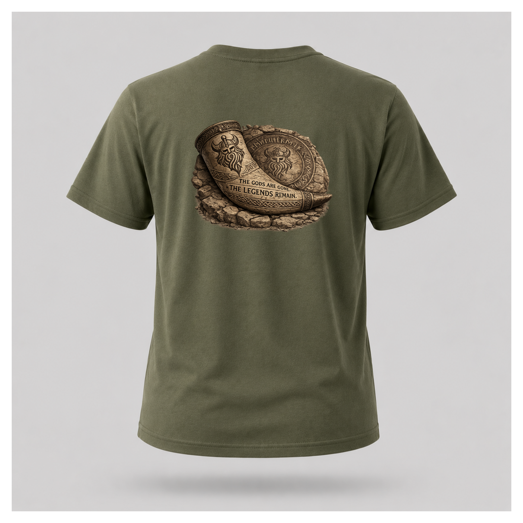 Military Green floating male form wearing the back of the Viking - The Gods Are Gone The Legends Remain T-shirt featuring an ancient Viking drinking horn resting against a carved runestone with the words "THE GODS ARE GONE. THE LEGENDS REMAIN." by RIOTTEES.