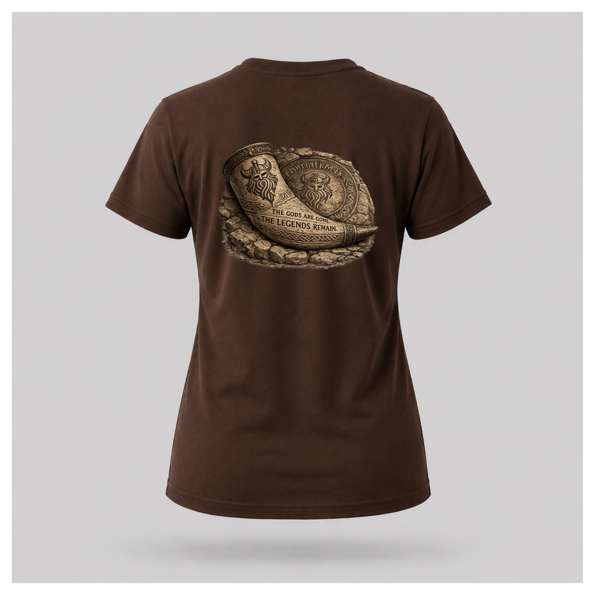 Chocolate Brown floating female form wearing the back of the Viking - The Gods Are Gone The Legends Remain T-shirt featuring an ancient Viking drinking horn resting against a carved runestone with the words "THE GODS ARE GONE. THE LEGENDS REMAIN." by RIOTTEES.