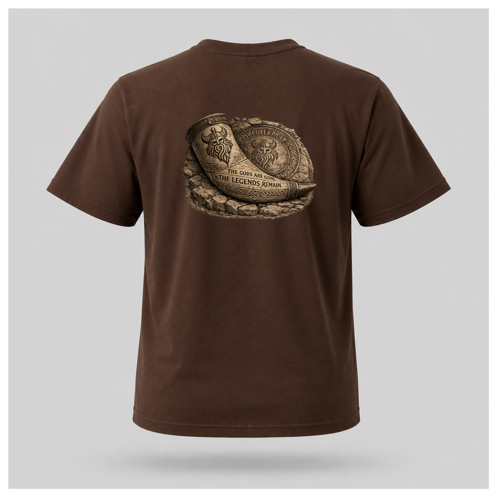 Chocolate Brown floating male form wearing the back of the Viking - The Gods Are Gone The Legends Remain T-shirt featuring an ancient Viking drinking horn resting against a carved runestone with the words "THE GODS ARE GONE. THE LEGENDS REMAIN." by RIOTTEES.