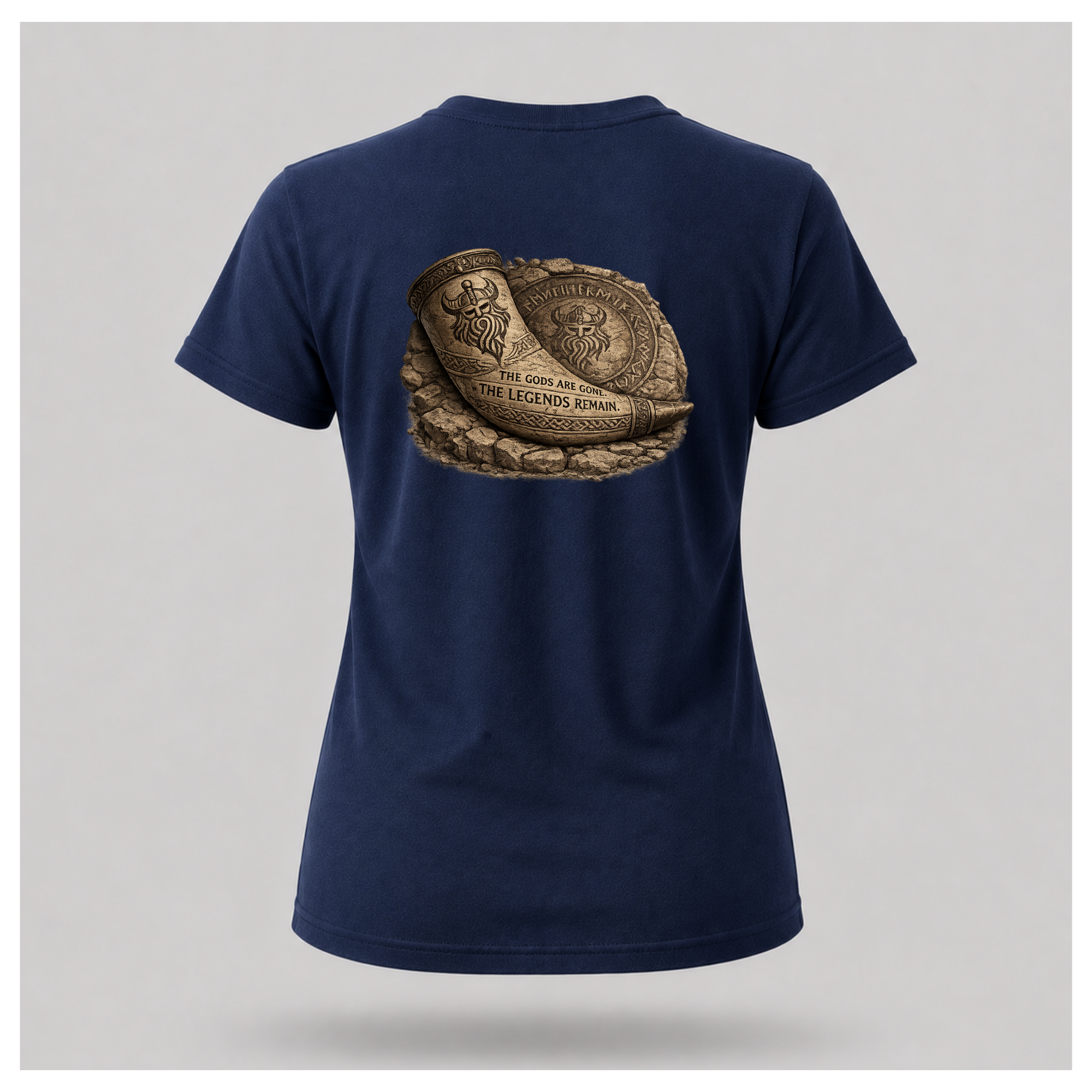 Navy Blue floating female form wearing the back of the Viking - The Gods Are Gone The Legends Remain T-shirt featuring an ancient Viking drinking horn resting against a carved runestone with the words "THE GODS ARE GONE. THE LEGENDS REMAIN." by RIOTTEES.