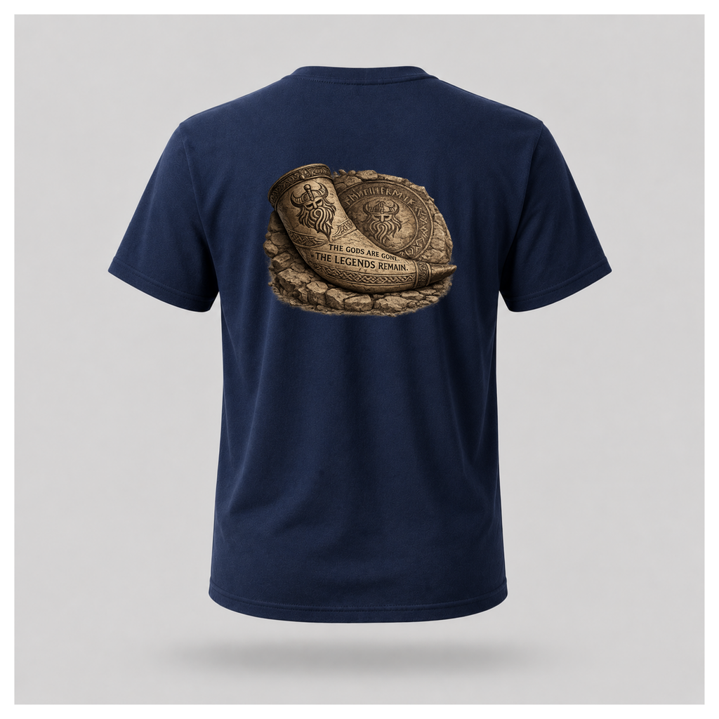 Navy Blue floating male form wearing the back of the Viking - The Gods Are Gone The Legends Remain T-shirt featuring an ancient Viking drinking horn resting against a carved runestone with the words "THE GODS ARE GONE. THE LEGENDS REMAIN." by RIOTTEES.