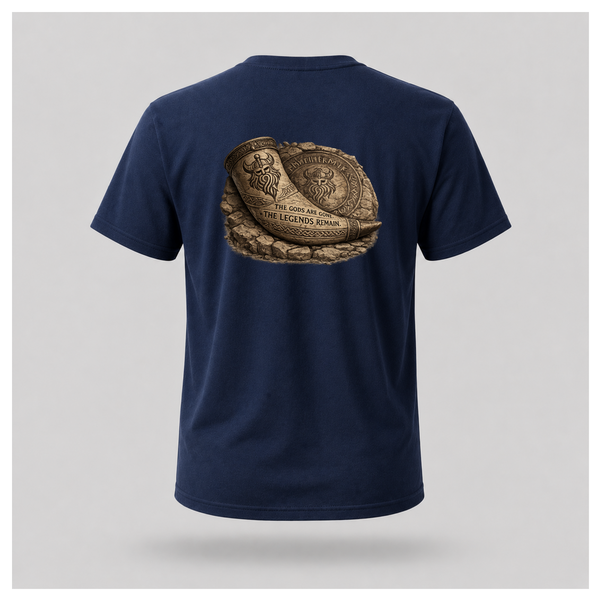 Navy Blue floating male form wearing the back of the Viking - The Gods Are Gone The Legends Remain T-shirt featuring an ancient Viking drinking horn resting against a carved runestone with the words "THE GODS ARE GONE. THE LEGENDS REMAIN." by RIOTTEES.