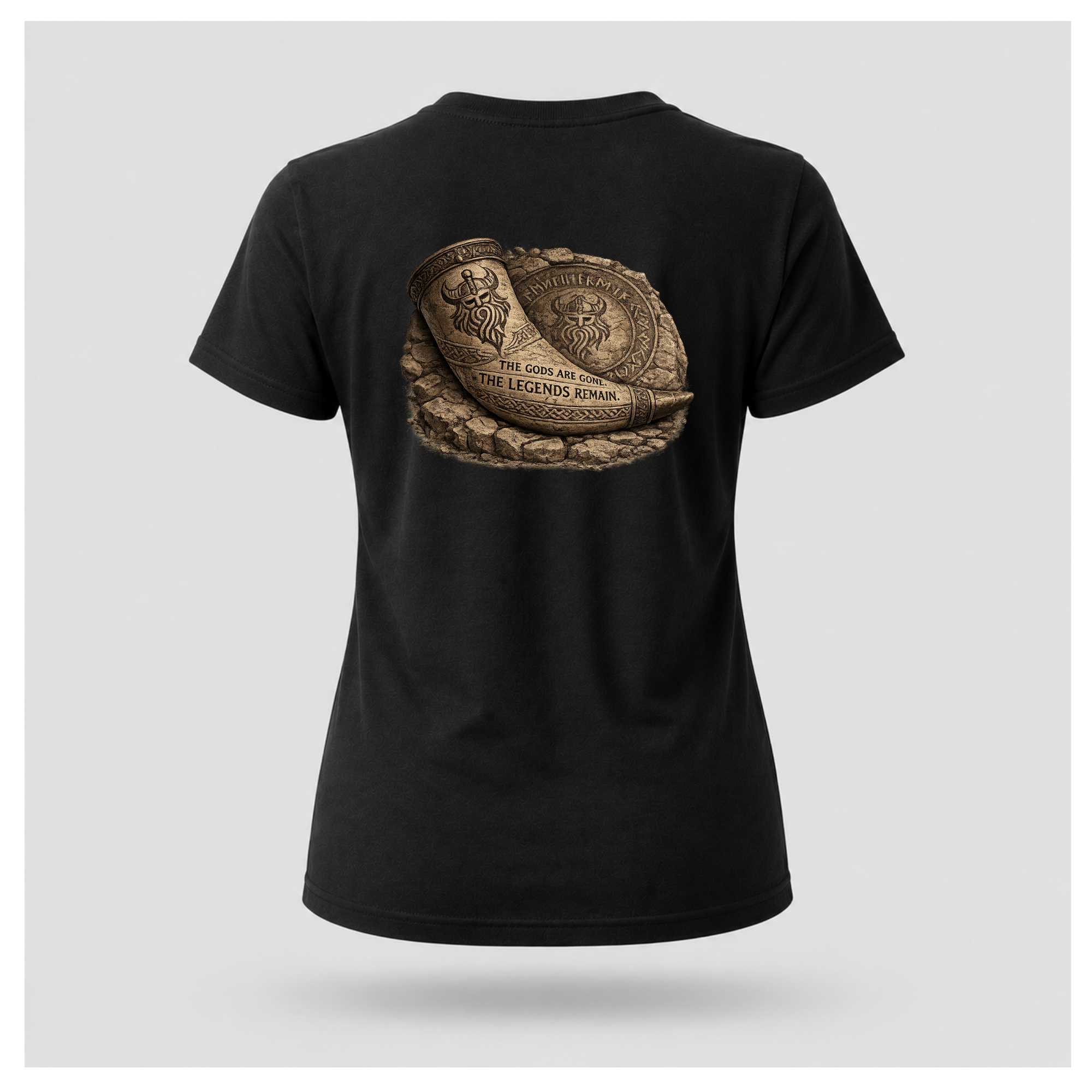 Black floating female form wearing the back of the Viking - The Gods Are Gone The Legends Remain T-shirt featuring an ancient Viking drinking horn resting against a carved runestone with the words "THE GODS ARE GONE. THE LEGENDS REMAIN." by RIOTTEES.