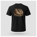 Black floating male form wearing the back of the Viking - The Gods Are Gone The Legends Remain T-shirt featuring an ancient Viking drinking horn resting against a carved runestone with the words "THE GODS ARE GONE. THE LEGENDS REMAIN." by RIOTTEES.
