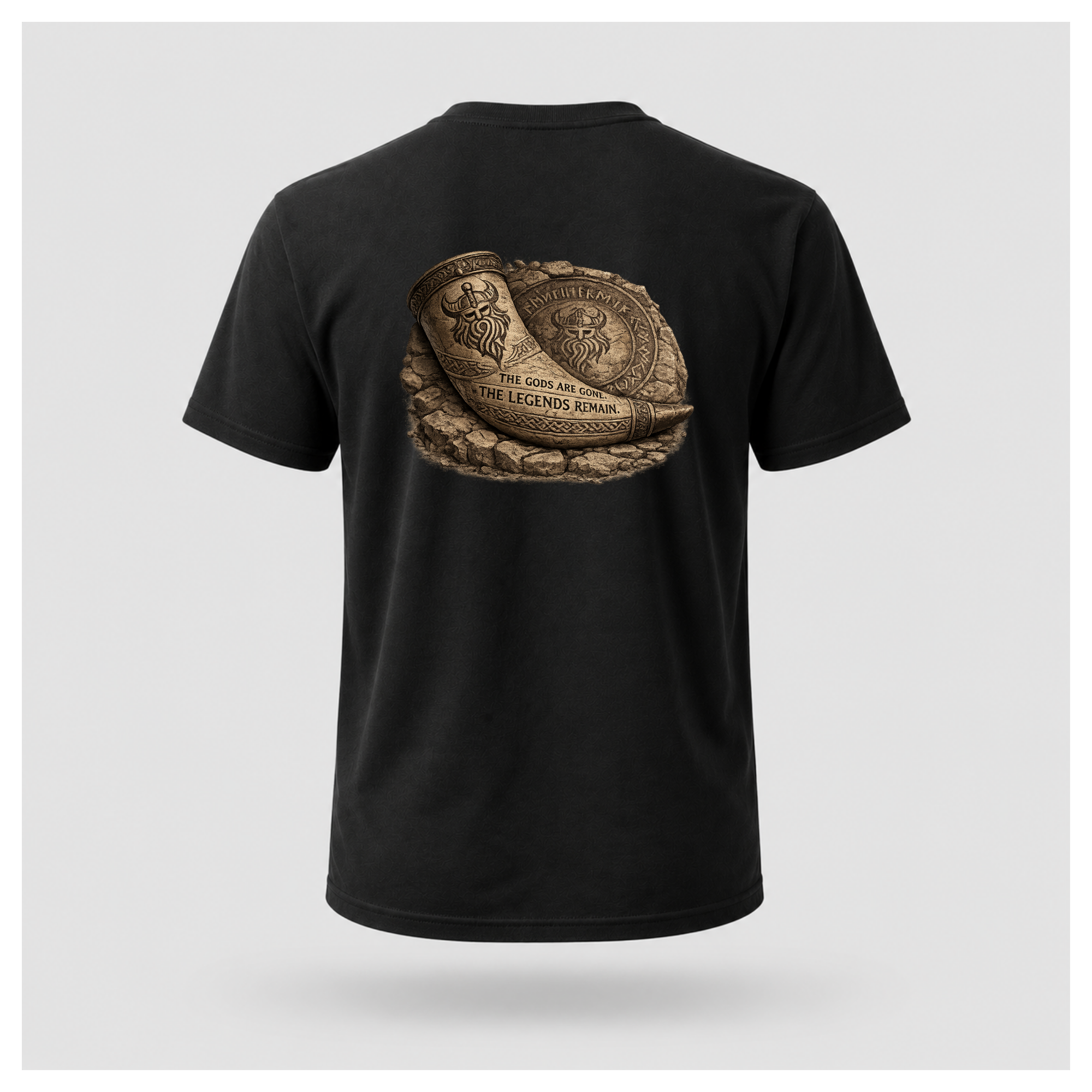 Black floating male form wearing the back of the Viking - The Gods Are Gone The Legends Remain T-shirt featuring an ancient Viking drinking horn resting against a carved runestone with the words "THE GODS ARE GONE. THE LEGENDS REMAIN." by RIOTTEES.

