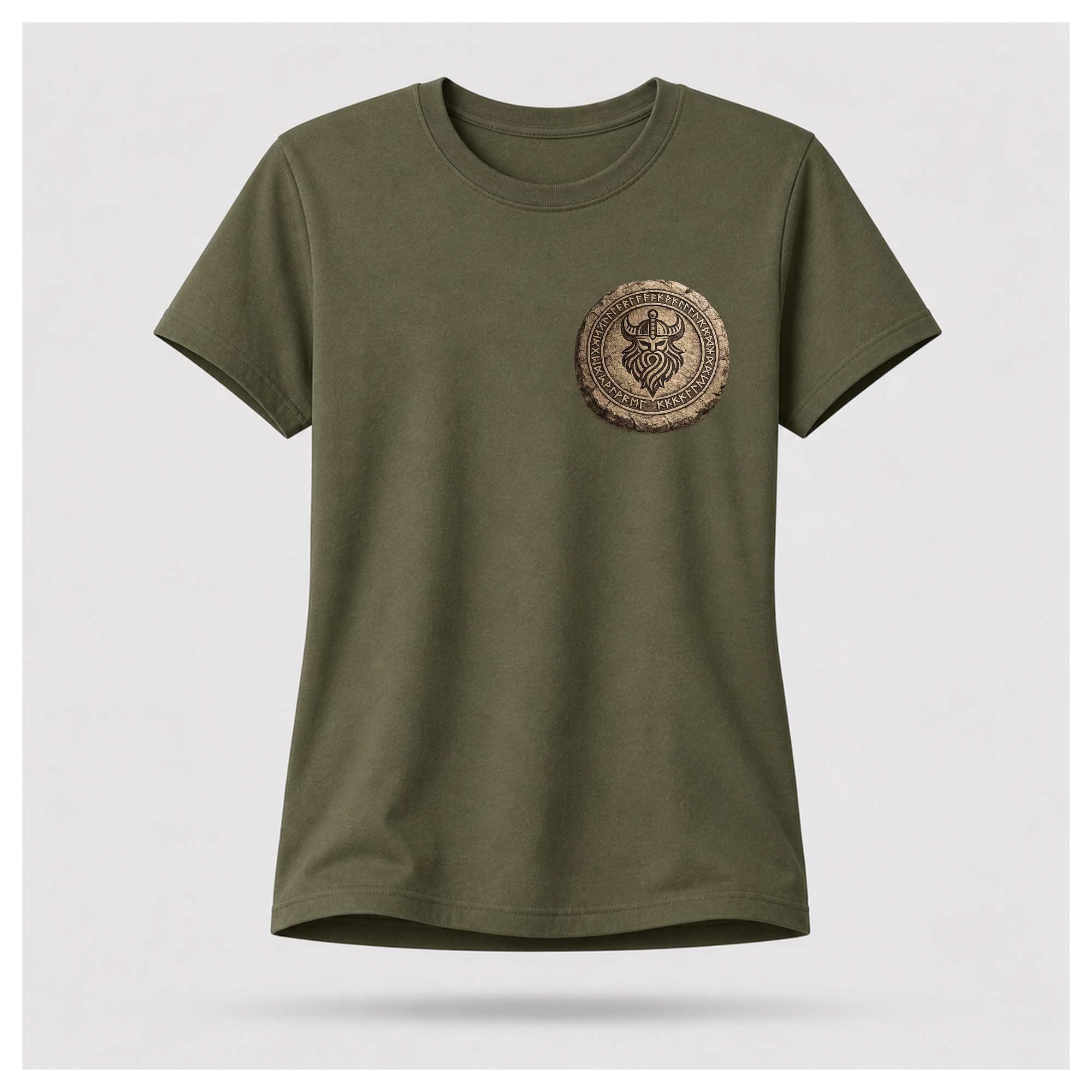 Military Green floating female form wearing the front of the Viking - The Gods Are Gone The Legends Remain T-shirt featuring a carved Norse runestone medallion by RIOTTEES.
