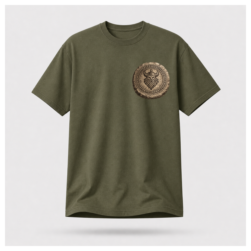 Military Green floating male form wearing the front of the Viking - The Gods Are Gone The Legends Remain T-shirt featuring a carved Norse runestone medallion by RIOTTEES.