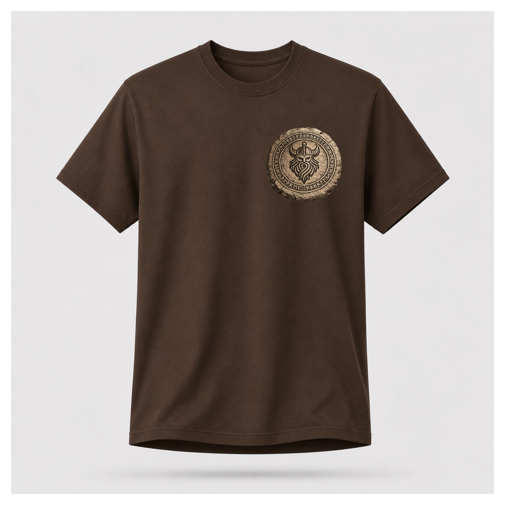 Chocolate Brown floating male form wearing the front of the Viking - The Gods Are Gone The Legends Remain T-shirt featuring a carved Norse runestone medallion by RIOTTEES.