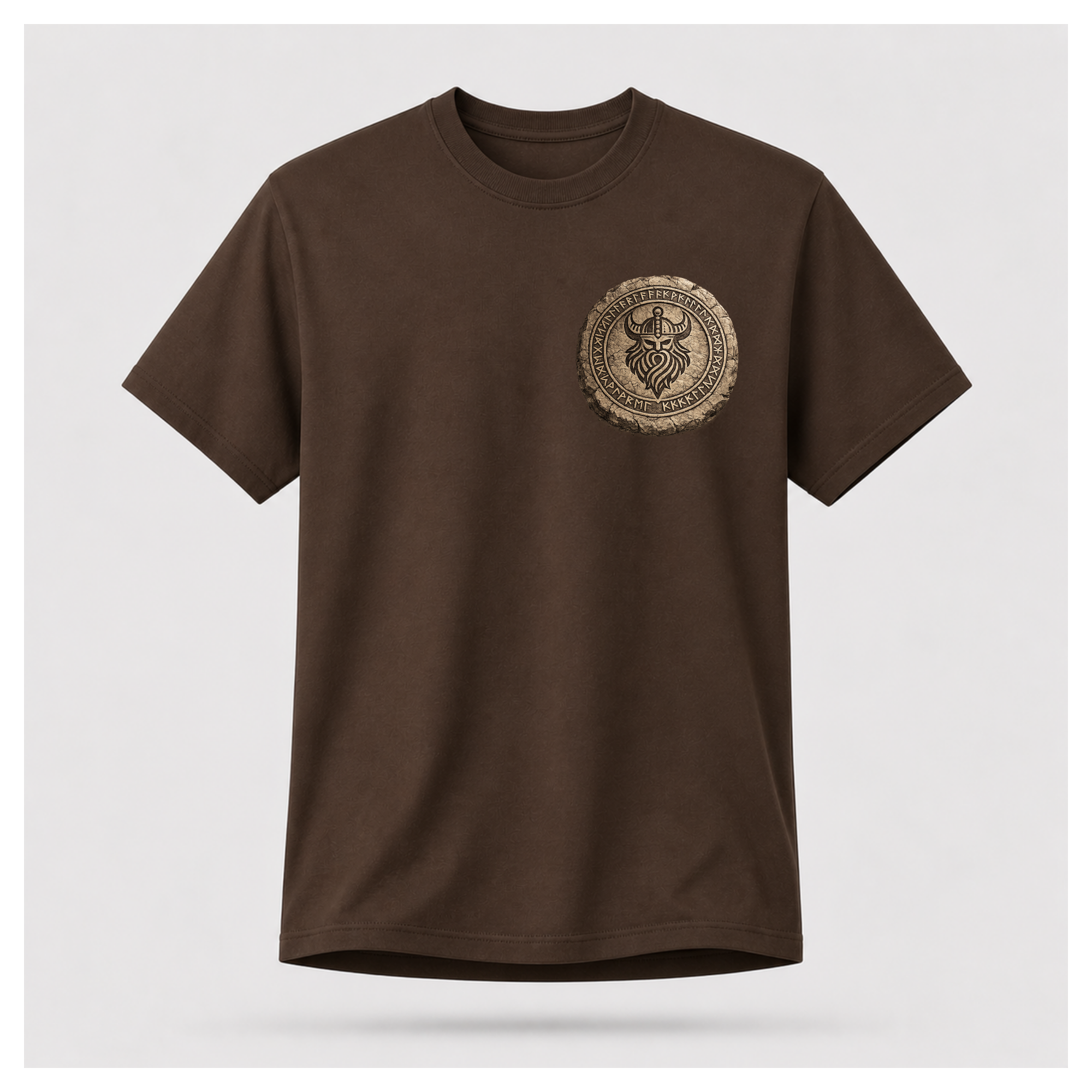 Chocolate Brown floating male form wearing the front of the Viking - The Gods Are Gone The Legends Remain T-shirt featuring a carved Norse runestone medallion by RIOTTEES.
