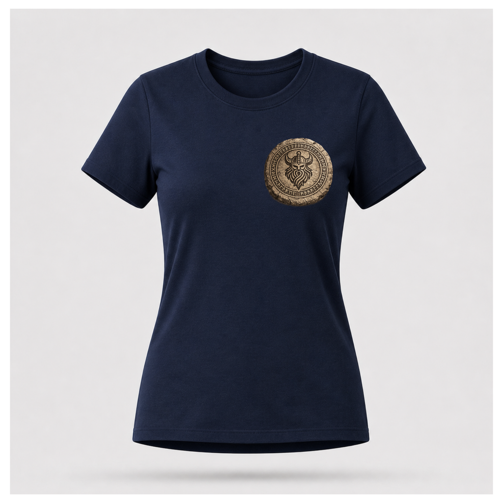 Navy Blue floating female form wearing the front of the Viking - The Gods Are Gone The Legends Remain T-shirt featuring a carved Norse runestone medallion by RIOTTEES.