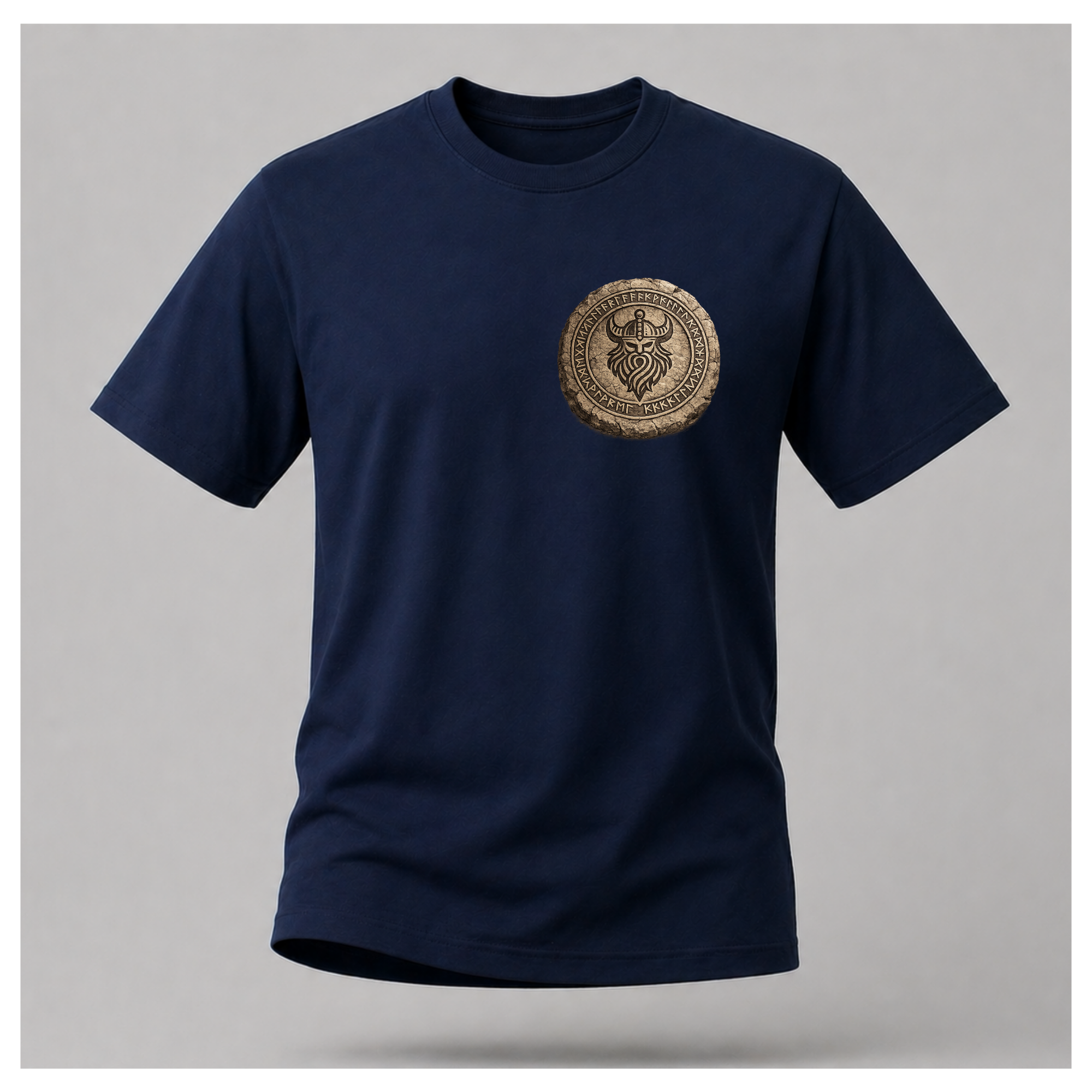 Navy Blue floating male form wearing the front of the Viking - The Gods Are Gone The Legends Remain T-shirt featuring a carved Norse runestone medallion by RIOTTEES.