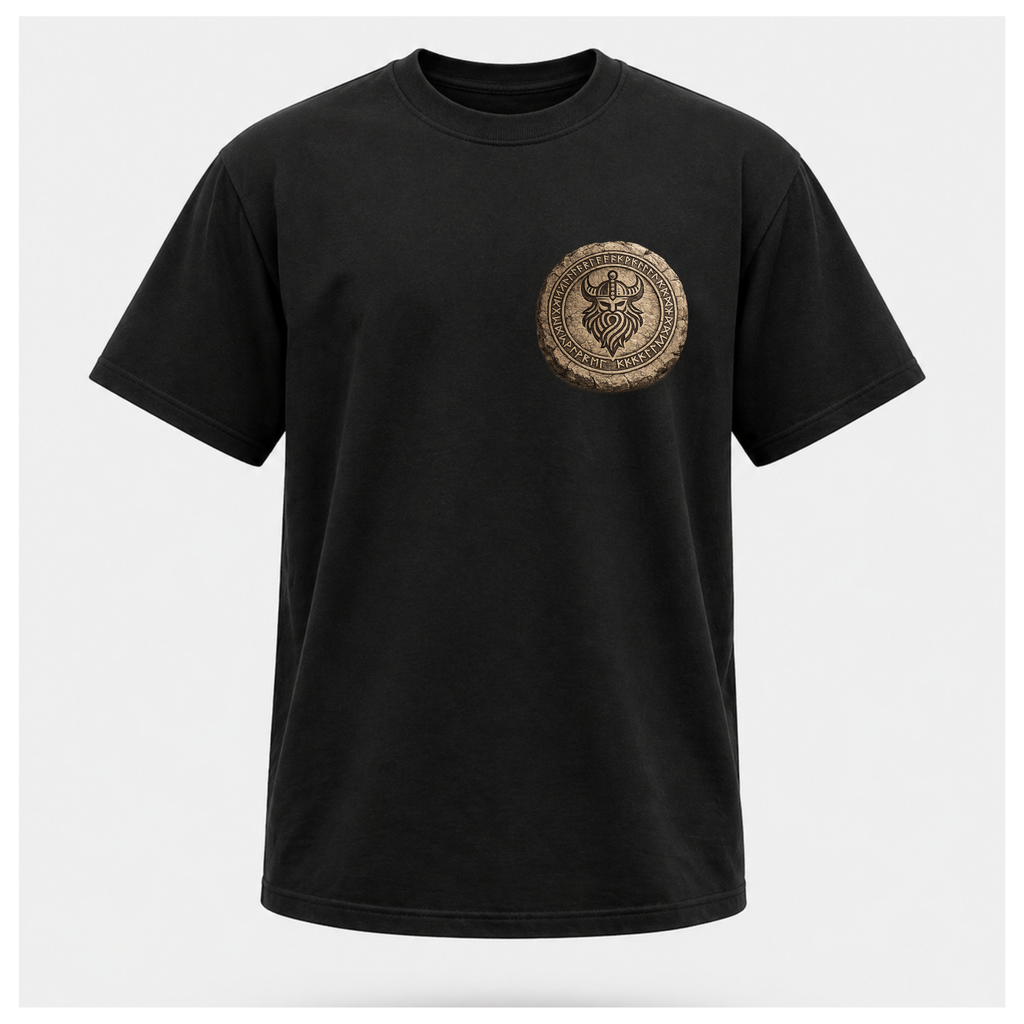 Black floating male form wearing the front of the Viking - The Gods Are Gone The Legends Remain T-shirt featuring a carved Norse runestone medallion by RIOTTEES.
