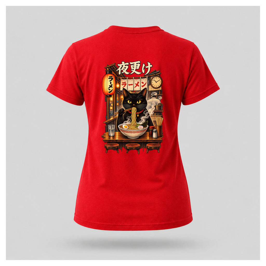 Female floating form wearing a red Yofuke Ramen Cat graphic T-shirt, showing the large Japanese-inspired ramen cat back design by RIOTTEES.