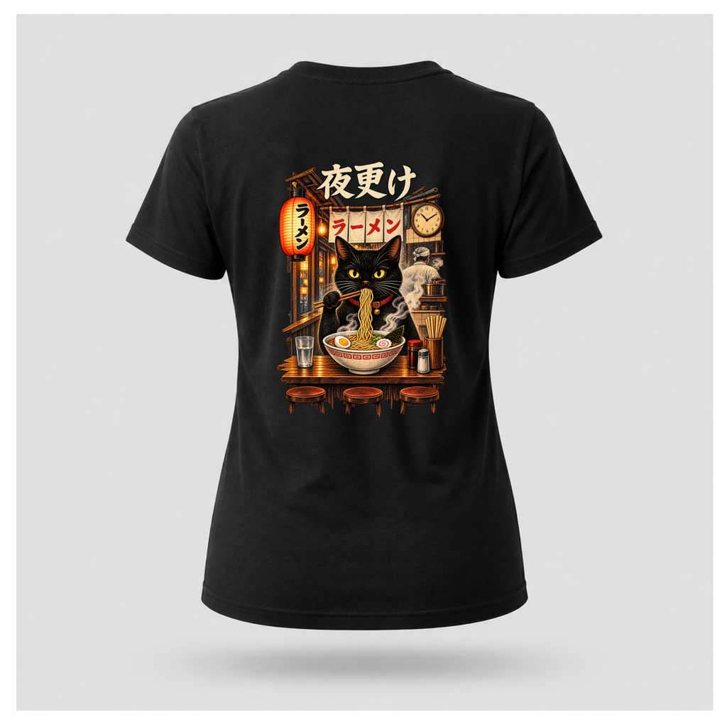 Female floating form wearing a black Yofuke Ramen Cat graphic T-shirt, showing the large Japanese-inspired ramen cat back design by RIOTTEES.