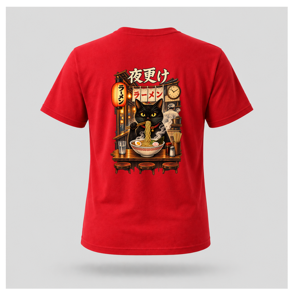 Male floating form wearing a red Yofuke Ramen Cat graphic T-shirt, showing the large Japanese-inspired ramen cat back design by RIOTTEES.