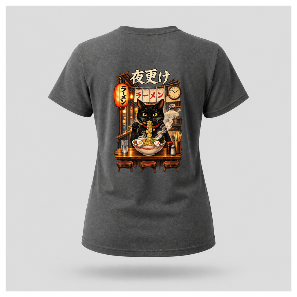 Female floating form wearing a charcoal grey Yofuke Ramen Cat graphic T-shirt, showing the large Japanese-inspired ramen cat back design by RIOTTEES.