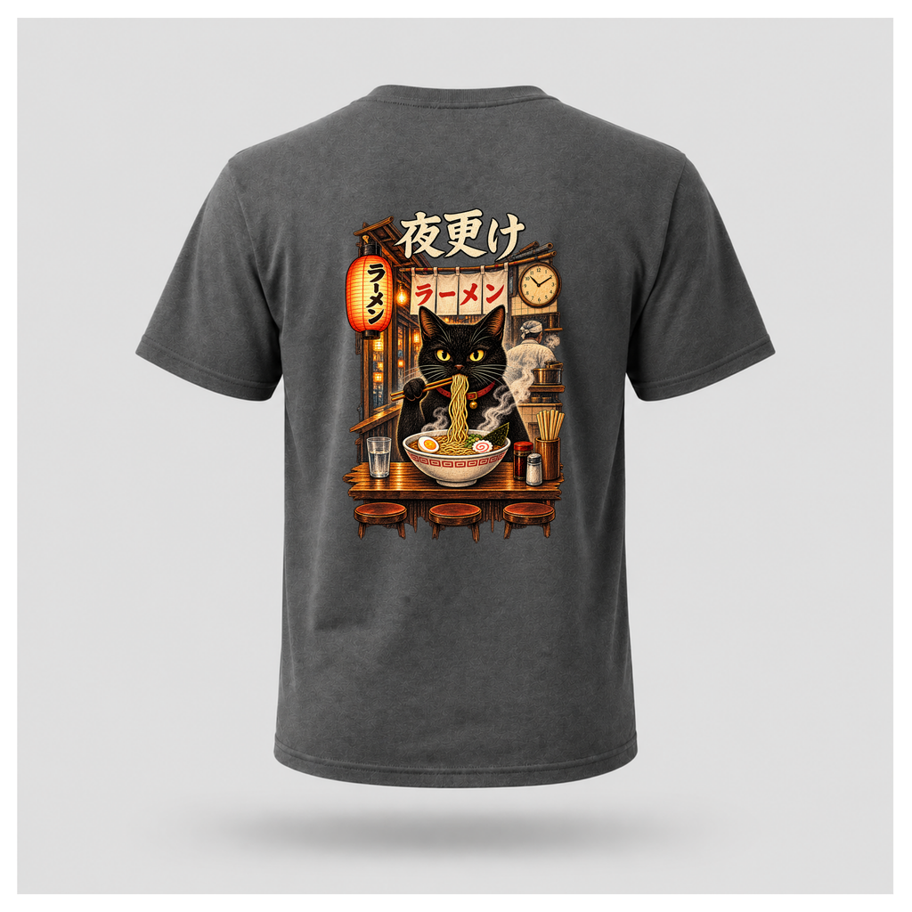 Male floating form wearing a charcoal grey Yofuke Ramen Cat graphic T-shirt, showing the large Japanese-inspired ramen cat back design by RIOTTEES.