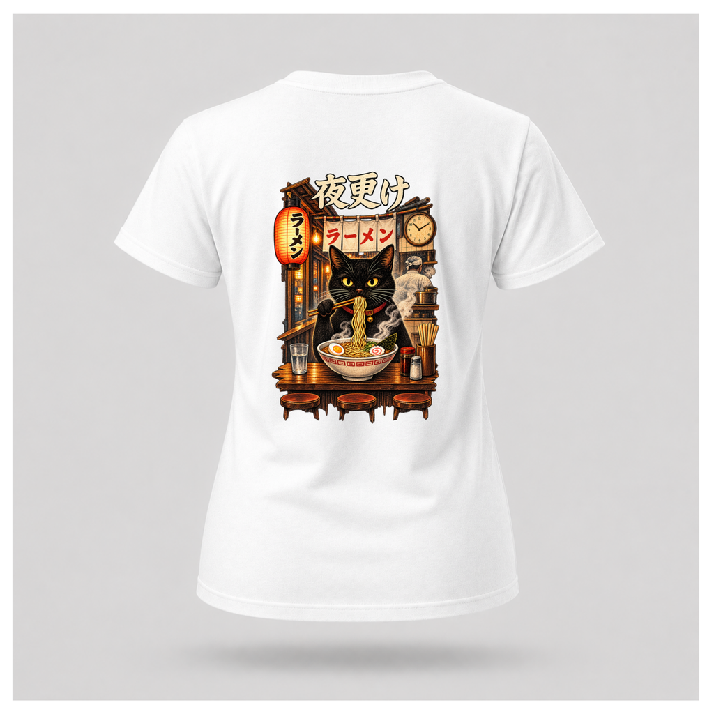 Female floating form wearing a white Yofuke Ramen Cat graphic T-shirt, showing the large Japanese-inspired ramen cat back design by RIOTTEES.