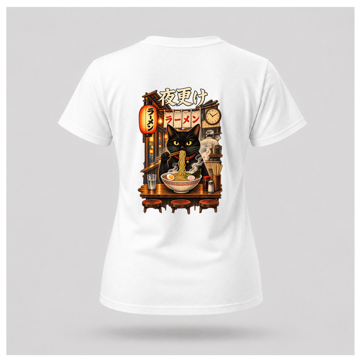 Female floating form wearing a white Yofuke Ramen Cat graphic T-shirt, showing the large Japanese-inspired ramen cat back design by RIOTTEES.
