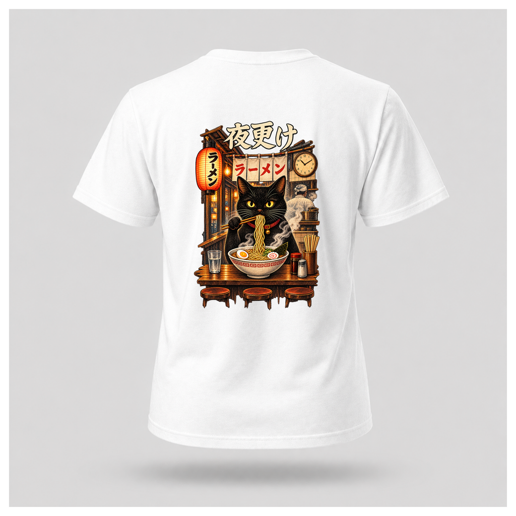 Male floating form wearing a white Yofuke Ramen Cat graphic T-shirt, showing the large Japanese-inspired ramen cat back design by RIOTTEES.