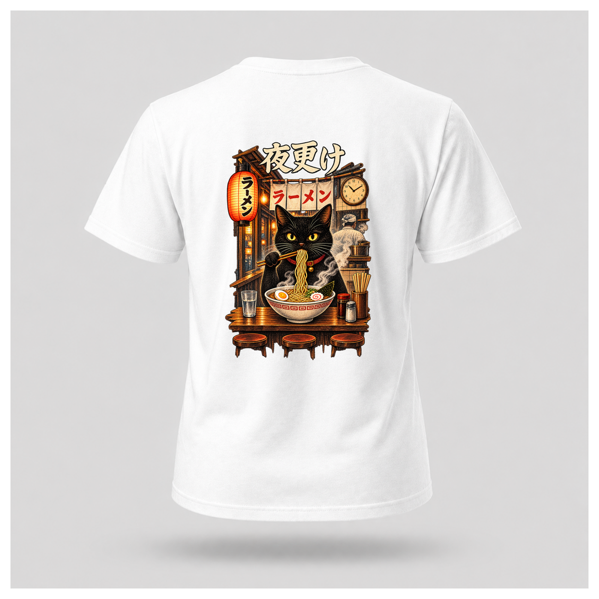 Male floating form wearing a white Yofuke Ramen Cat graphic T-shirt, showing the large Japanese-inspired ramen cat back design by RIOTTEES.