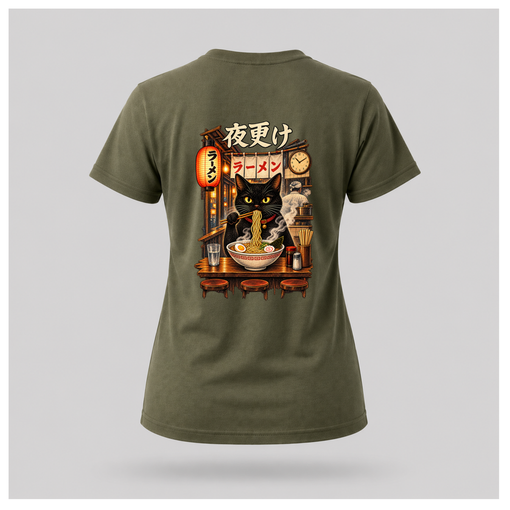 Female floating form wearing a military green Yofuke Ramen Cat graphic T-shirt, showing the large Japanese-inspired ramen cat back design by RIOTTEES.