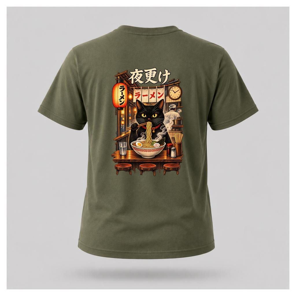 Male floating form wearing a military green Yofuke Ramen Cat graphic T-shirt, showing the large Japanese-inspired ramen cat back design by RIOTTEES.