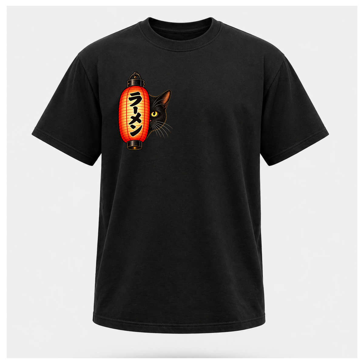 Male floating form wearing a black Yofuke Ramen Cat T-shirt, showing the small lantern and black cat front chest design by RIOTTEES.