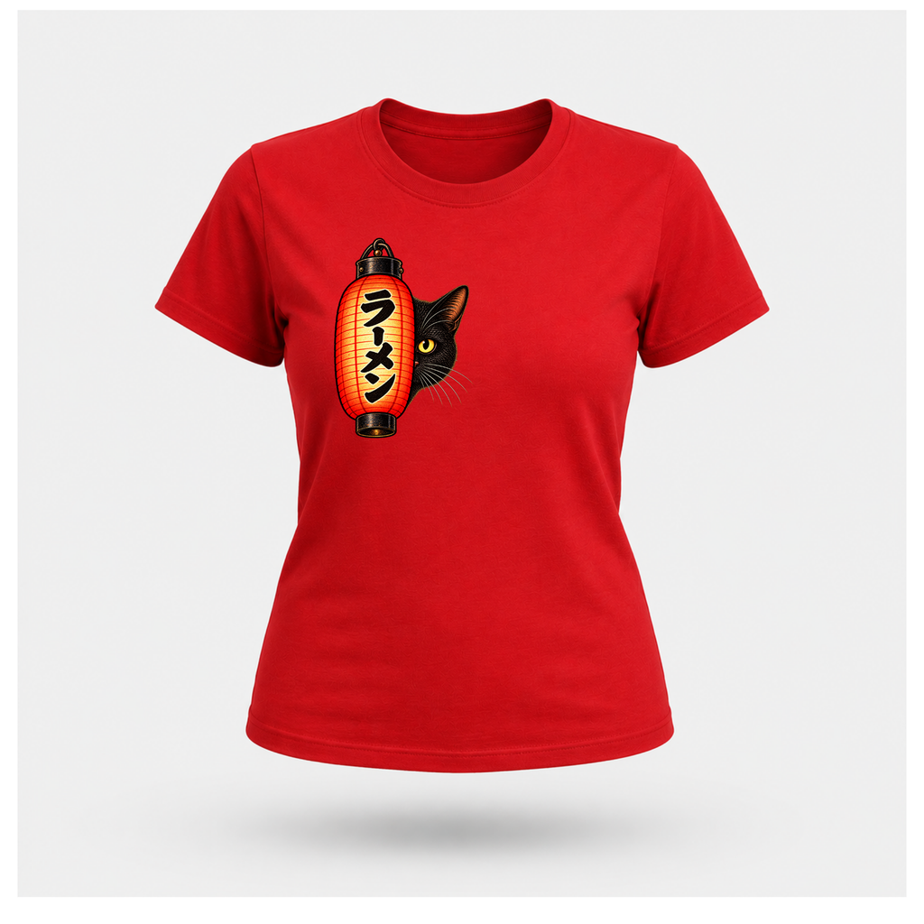 Female floating form wearing a red Yofuke Ramen Cat T-shirt, showing the small lantern and black cat front chest design by RIOTTEES.