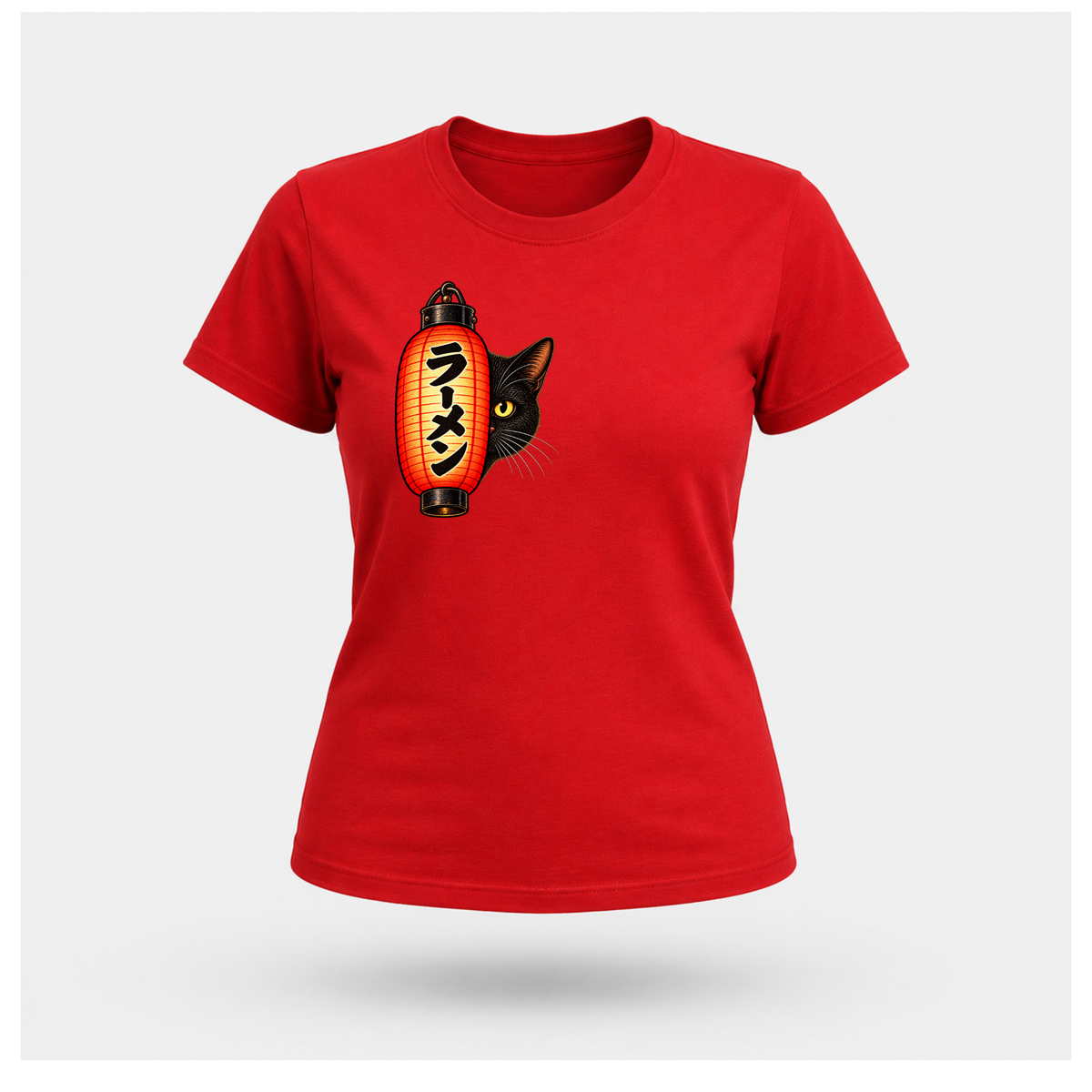 Female floating form wearing a red Yofuke Ramen Cat T-shirt, showing the small lantern and black cat front chest design by RIOTTEES.