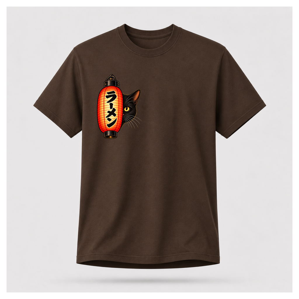 Male floating form wearing a chocolate brown Yofuke Ramen Cat T-shirt, showing the small lantern and black cat front chest design by RIOTTEES.
