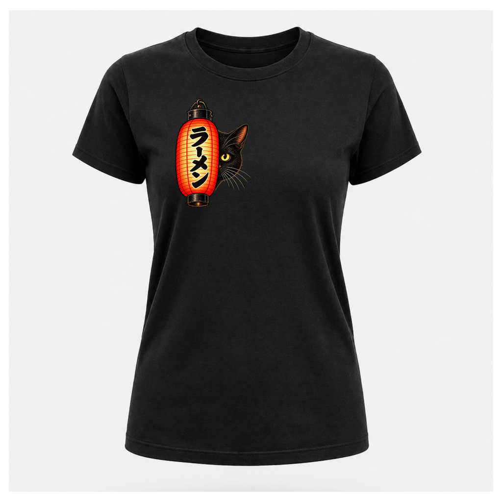 Female floating form wearing a black Yofuke Ramen Cat T-shirt, showing the small lantern and black cat front chest design by RIOTTEES.