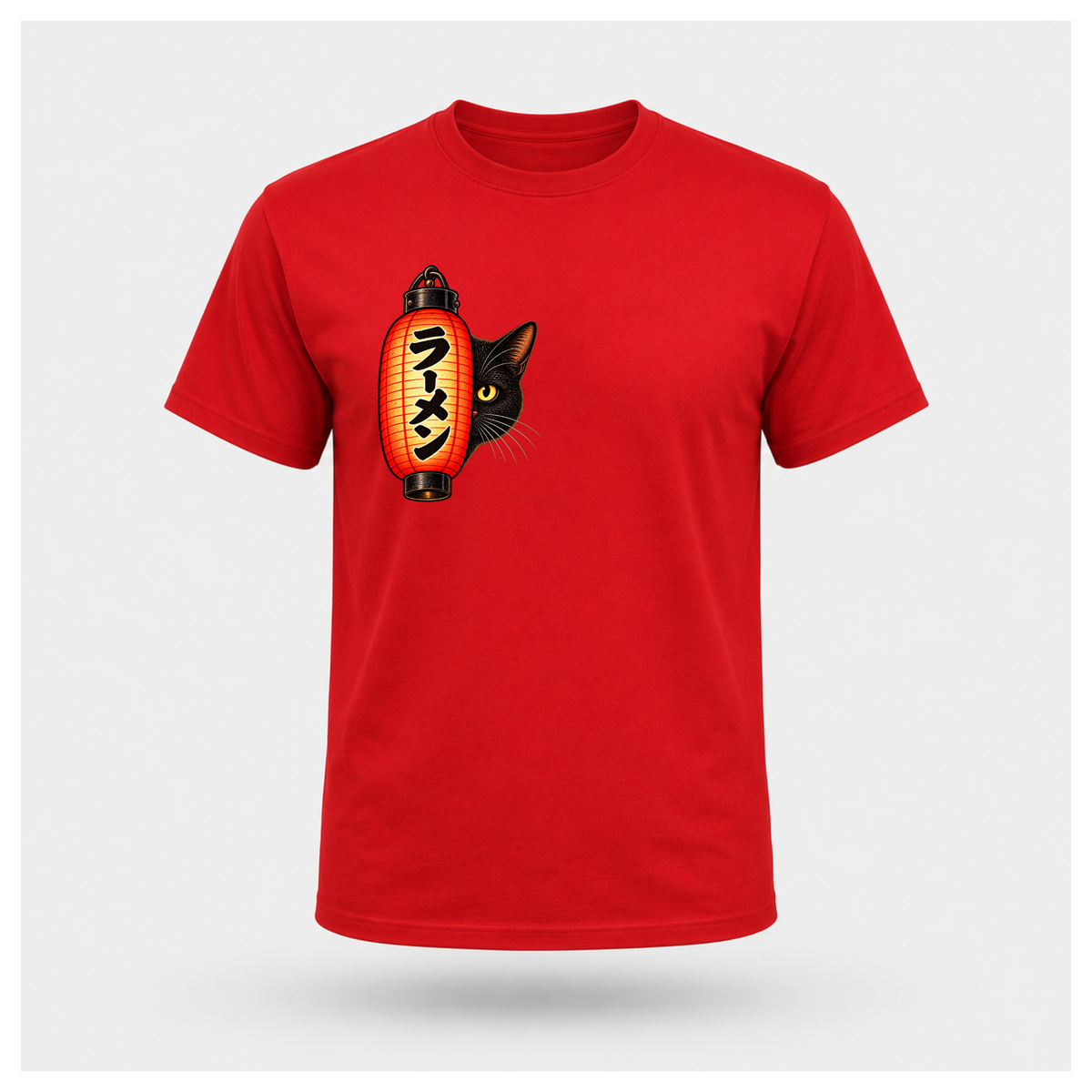 Male floating form wearing a red Yofuke Ramen Cat T-shirt, showing the small lantern and black cat front chest design by RIOTTEES.