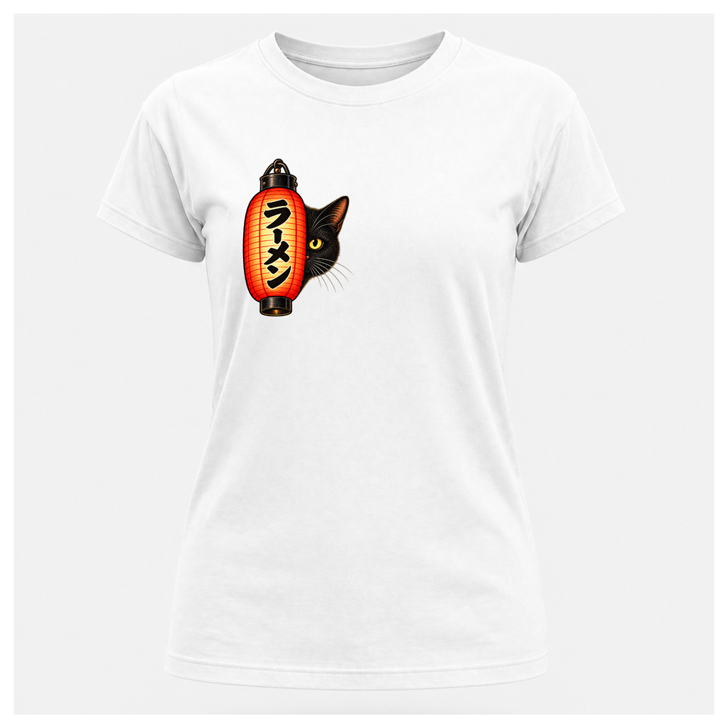 Female floating form wearing a white Yofuke Ramen Cat T-shirt, showing the small lantern and black cat front chest design by RIOTTEES.